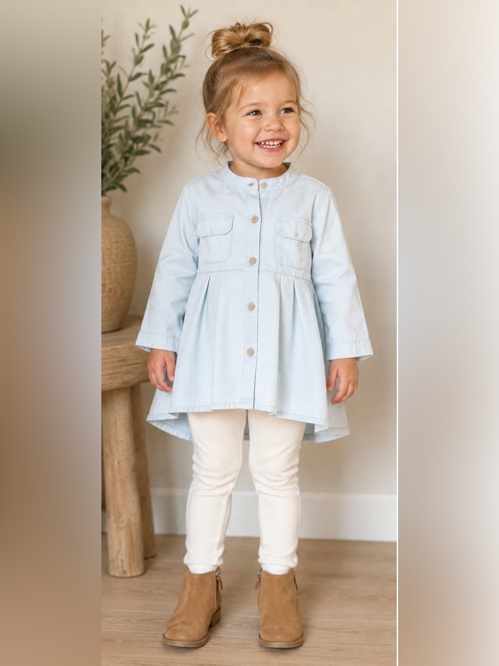 Light Blue Button-Front Tunic Dress with Cream Leggings